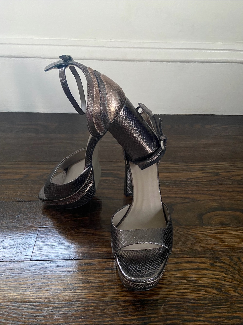 All Saints Metallic Bronze Snake-Embossed Platform Heels